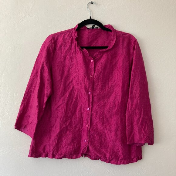 Eileen Fisher 100% Silk Pink Button Front Top Mock Neck Crinkle Minimalist Small - Picture 1 of 11